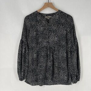LOFT Black & White Polka Dot Flowy Button Neckline Long Balloon Sleeve Top XXS‎